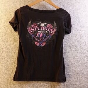 Sturgis 75th Anniversary Black Hills Rally 2015 Women's T Shirt Black Size L Y2K